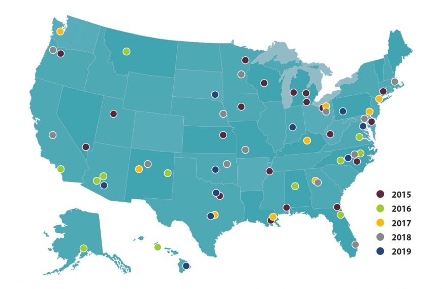 US map depicting Sexual Assault Kit Initiative (SAKI) grantees